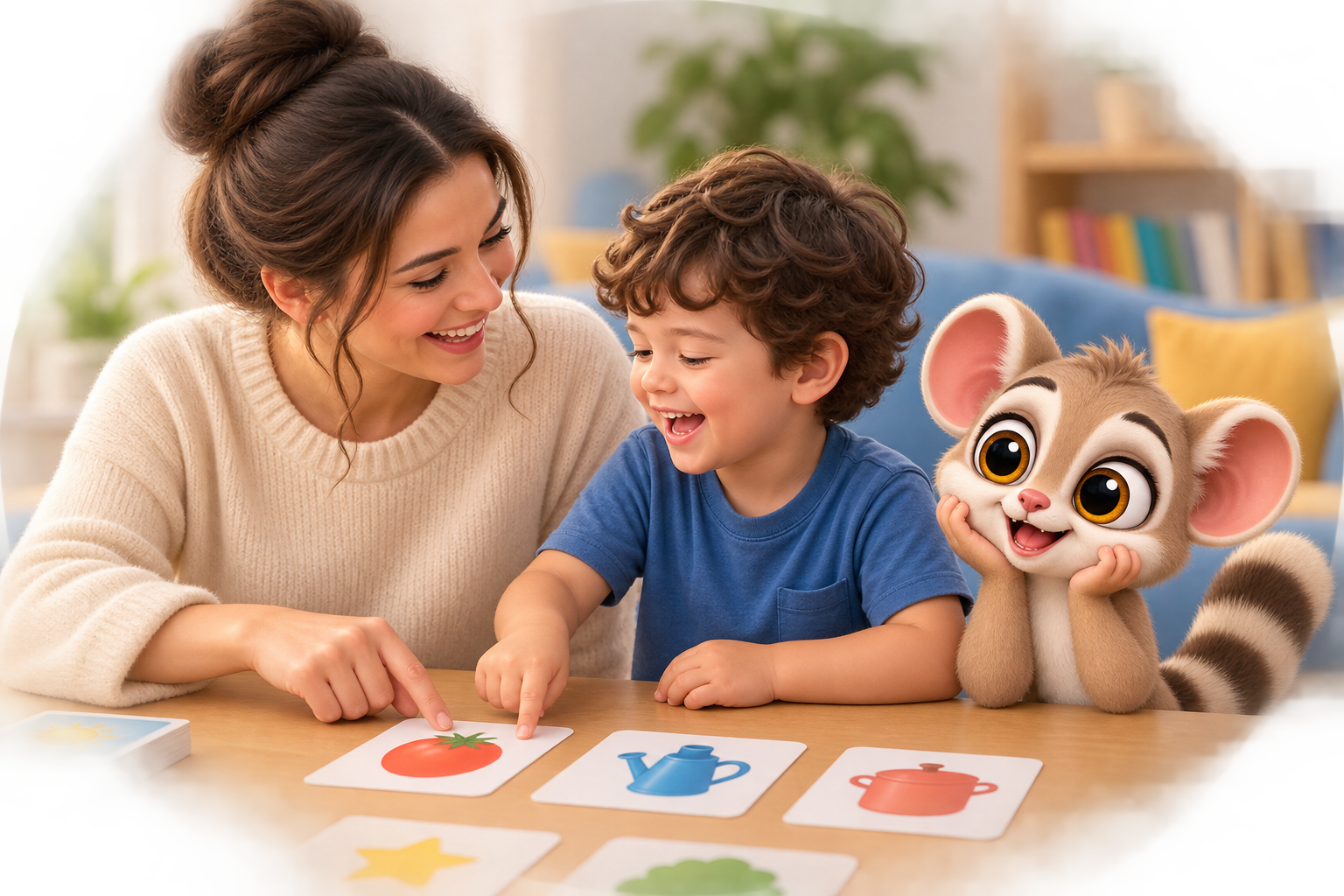 Родител и дете играят с карти